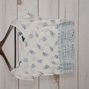 American Eagle White & Blue Semi Sheer Floral Top